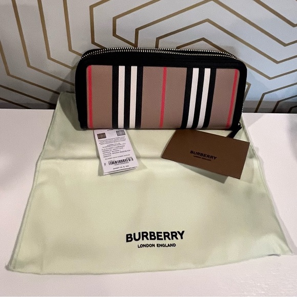 BURBERRY Ellerby Black Leather Icon Stripe Canvas Zip Around Continental Wallet - Picture 6 of 13